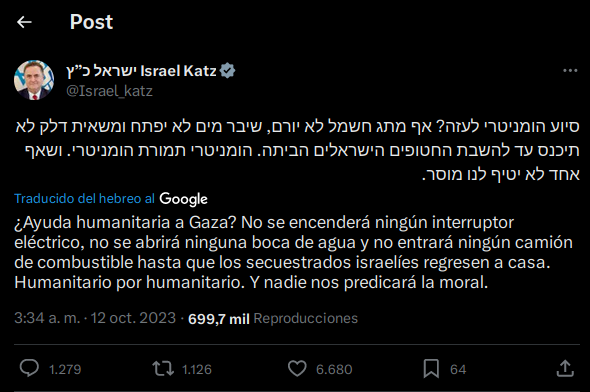 "Ni electricidad, ni comida, ni agua, ni gas": la advertencia de Israel si Hamás no libera a rehenes