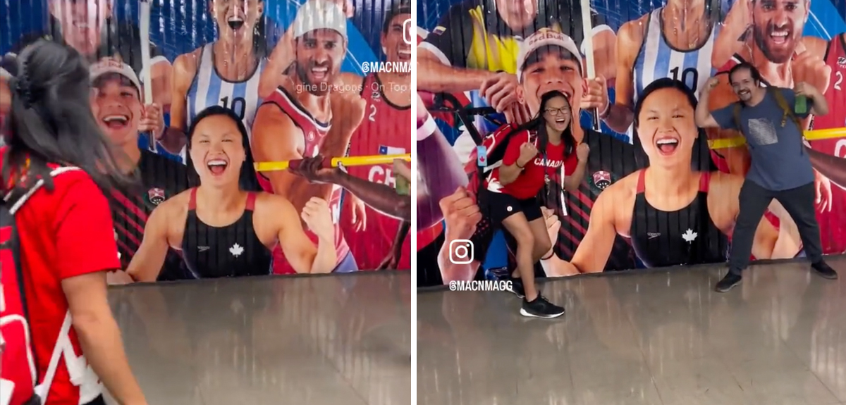 Nadadora canadiense se emocionó al ver su imagen en el Metro de Santiago y a niño imitándola