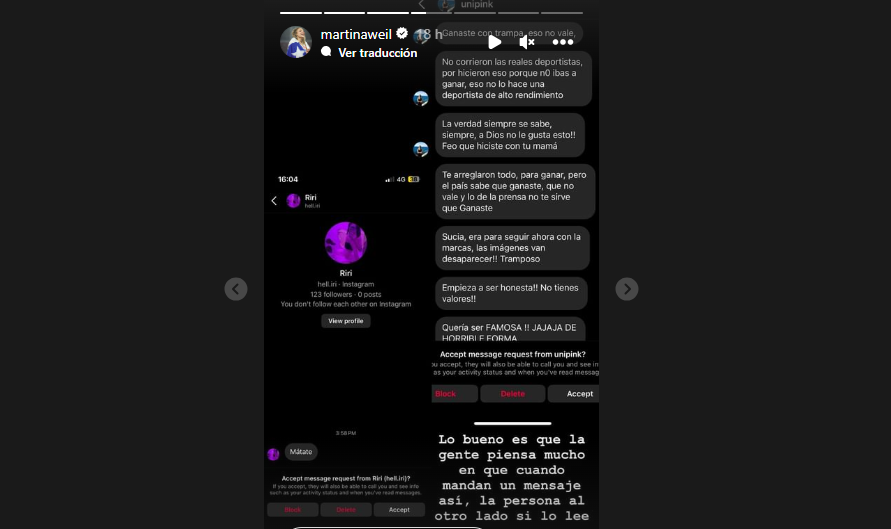 Martina Weil mostró los ofensivos comentarios que recibe tras polémica en atletismo: “Mátate”