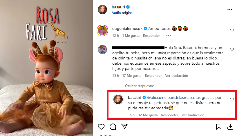 Begoña Basauri respondió a seguidora que cuestionó atuendo de su hija en Halloween: “En buena lo digo”