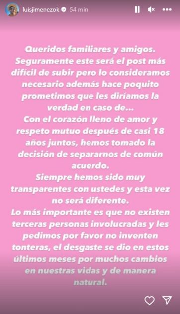 Cote López y Luis ‘Mago’ Jiménez confirmaron el término de su matrimonio tras 18 años juntos