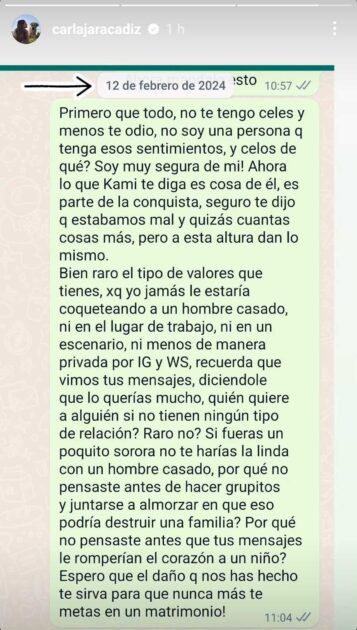 Carla Jara filtró mensaje que envió a Camila Andrade tras descubrir supuesta infidelidad de Kaminski