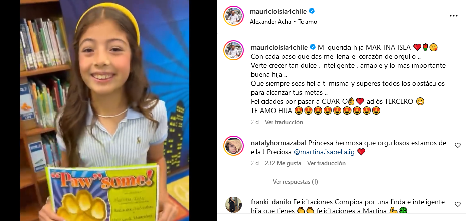 Mauricio Isla destacó logro académico de su hija mayor en EEUU: "Me llena el corazón de orgullo"