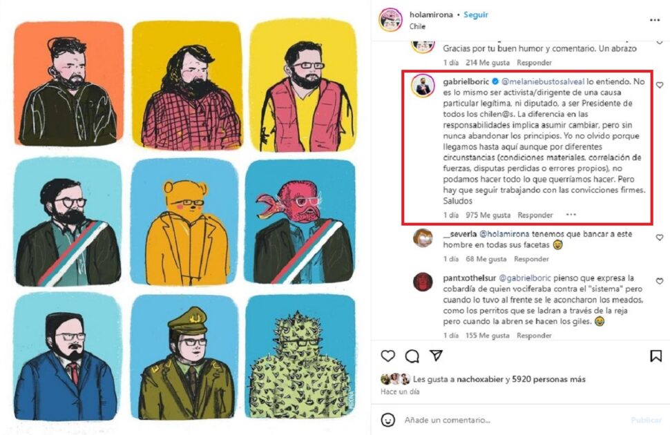 Gabriel Boric reaccionó a desafiante post con su imagen que criticó sus “metamorfosis” en su gobierno