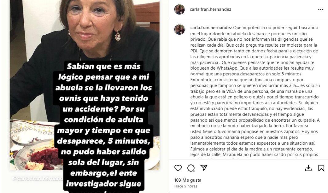 Nieta de María Elcira expuso su "rabia e impotencia" por caso de su abuela: acusó bloqueos de WhatsApp y ser "molestia" para la PDI