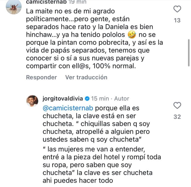 Respuesta de Jorge Valdivia a usuaria sobre Daniela Aránguiz