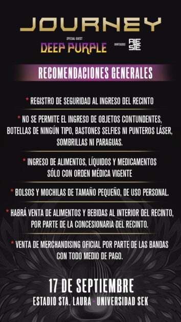 Recomendaciones para concierto de Journey y Deep Purple