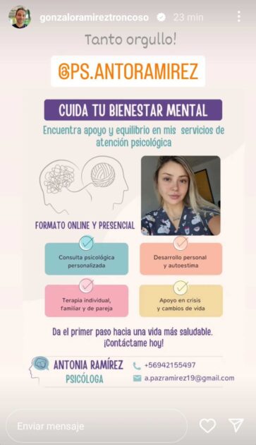 Hija de Gonzalo Ramírez atiende en su consulta como psicóloga