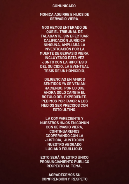 Mónica Aguirre e hijos de Gervasio por nueva indagación: "Continuaremos cooperando con la justicia"
