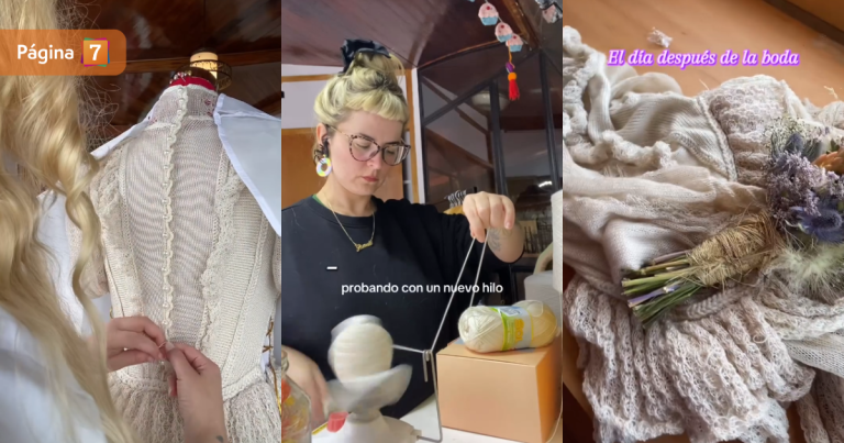 Diseñadora nacional se demoró 21 días en tejer su vestido de novia: proceso y resultado son virales