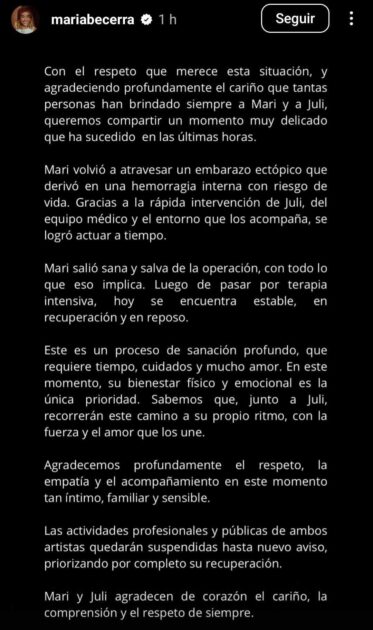 Actualizan estado de salud de María Becerra y revelan qué le ocurrió 