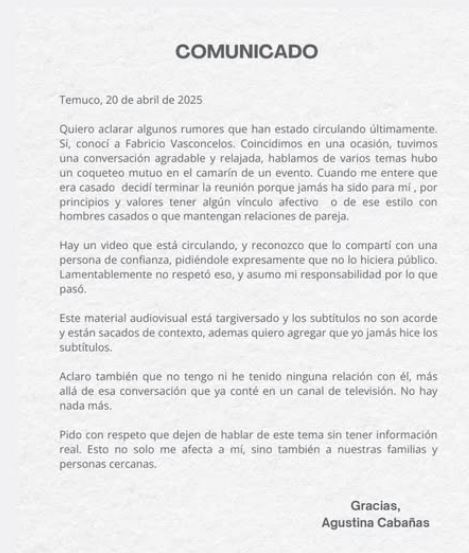 Agustina Joa Cabañas desmiente video viral de encuentro con Fabricio Vasconcelos: "No hay nada más"