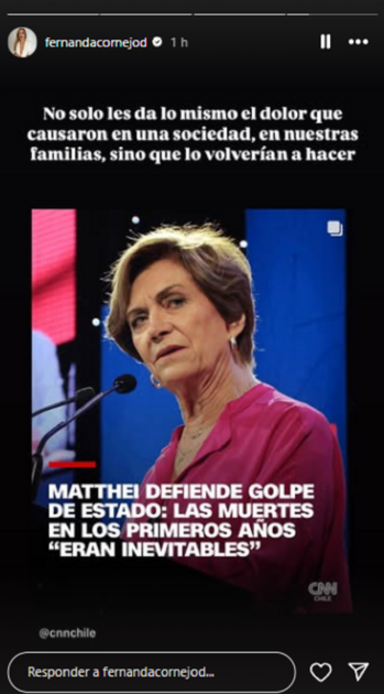 Fernanda Cornejo repudió polémicos dichos de Evelyn Matthei sobre el golpe de Estado