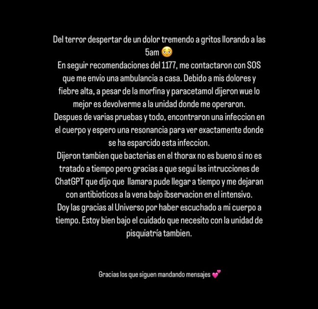padece de anorexia nerviosa, trastorno alimentario caracterizado por una pérdida de peso significativa, una imagen corporal distorsionada y un miedo intenso a subir de peso.