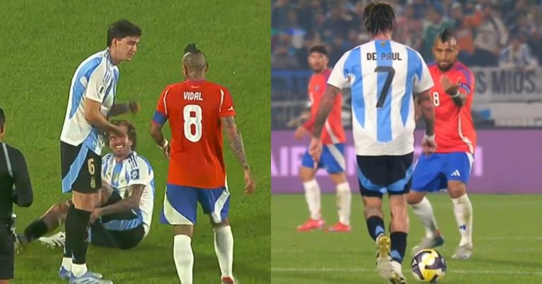 El intenso cruce entre Arturo Vidal y Rodrigo De Paul durante el partido Chile-Argentina