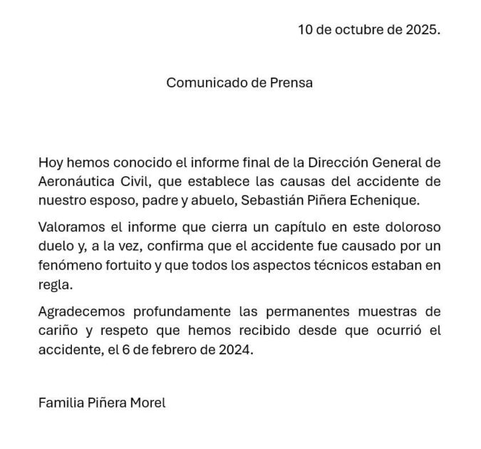 Familia de Sebastián Piñera reaccionó a informe final del DGAC que reveló la verdad sobre su muerte