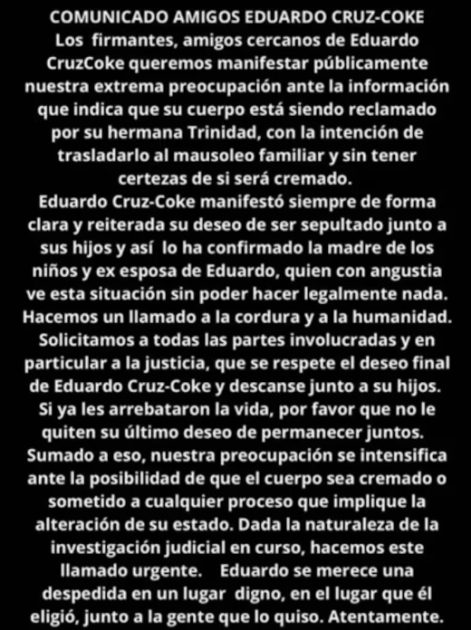 Comunicado de familia y amigos de Eduardo Cruz-Coke