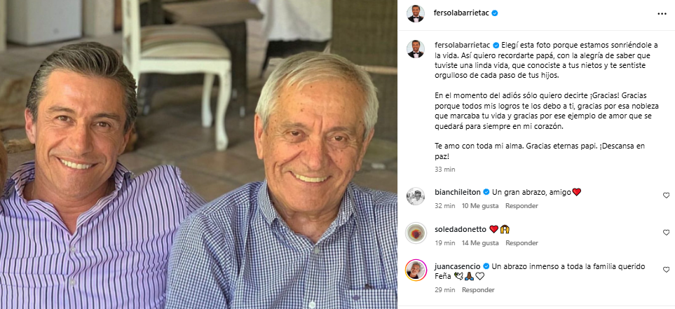 Fernando Solabarrieta escribió emotivo texto tras muerte de su padre: "Todos mis logros te los debo"