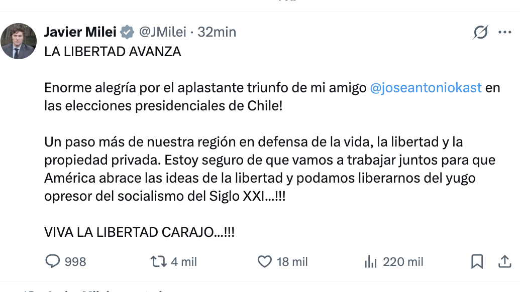 Javier Milei felicita a José Antonio Kast y celebra su “aplastante triunfo” en Chile