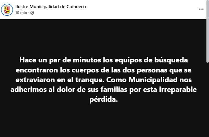 Confirman hallazgo de dos cuerpos en embalse de Coihueco: corresponden a hombre y niño desaparecidos