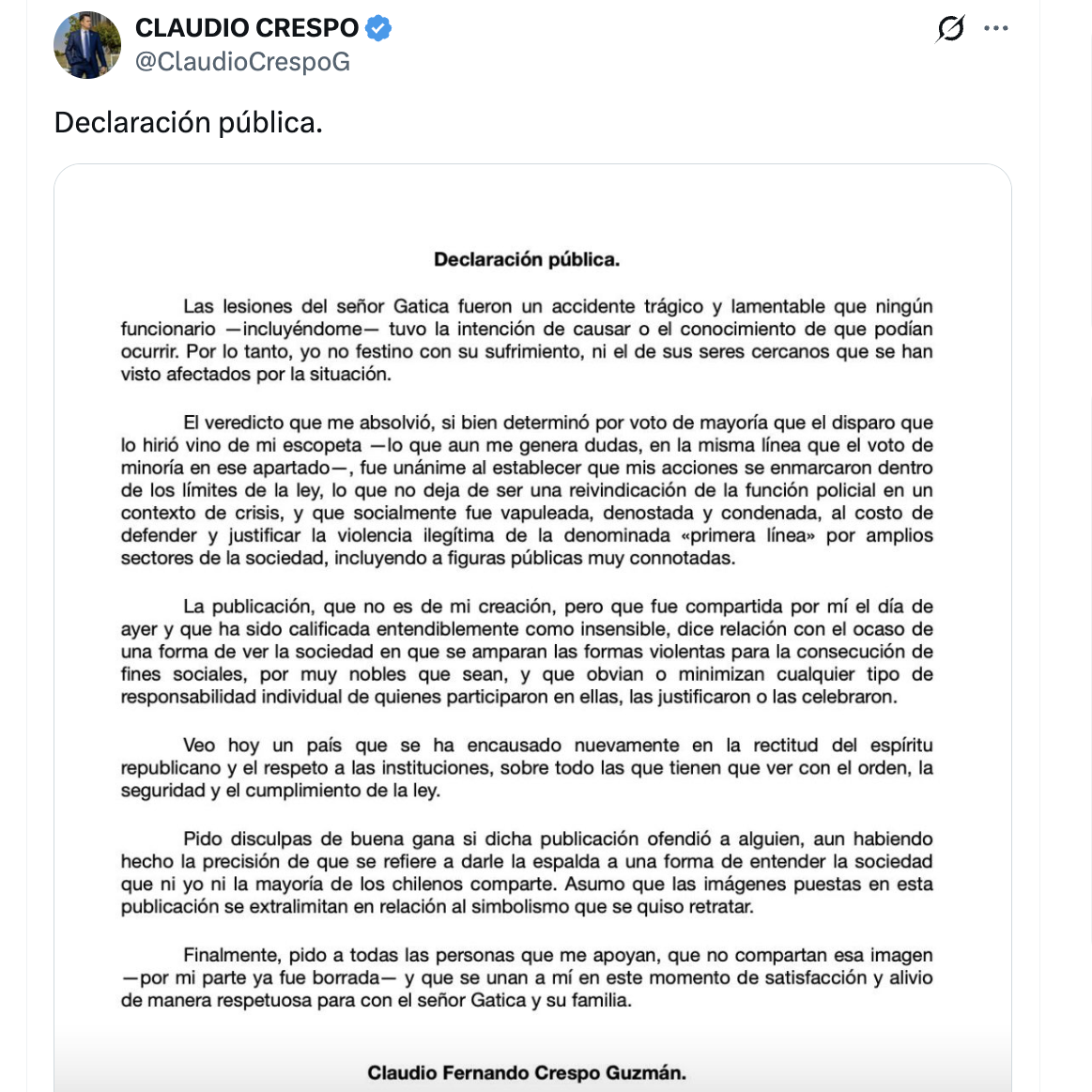 Claudio Crespo pide disculpas tras polémica por meme sobre Gustavo Gatica: 