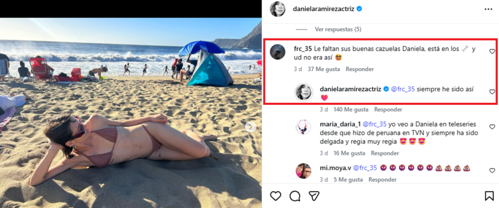 Daniela Ramírez respondió a feo comentario de seguidor sobre su cuerpo tras foto en bikini